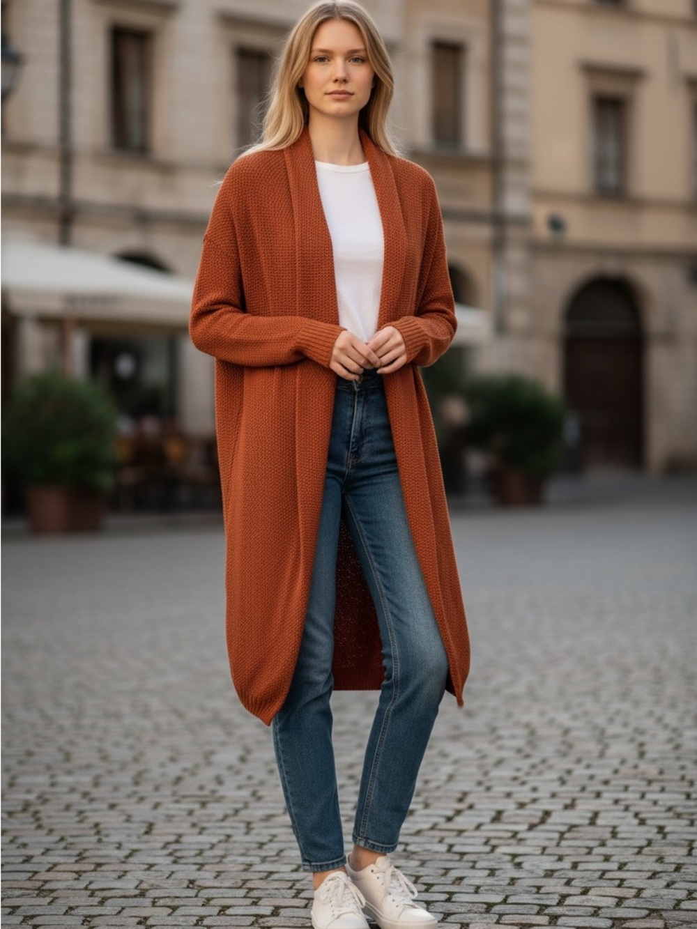 Free People FP Beach Slouchy Knit Open Front Cardigan Sweater in Burnt Orange